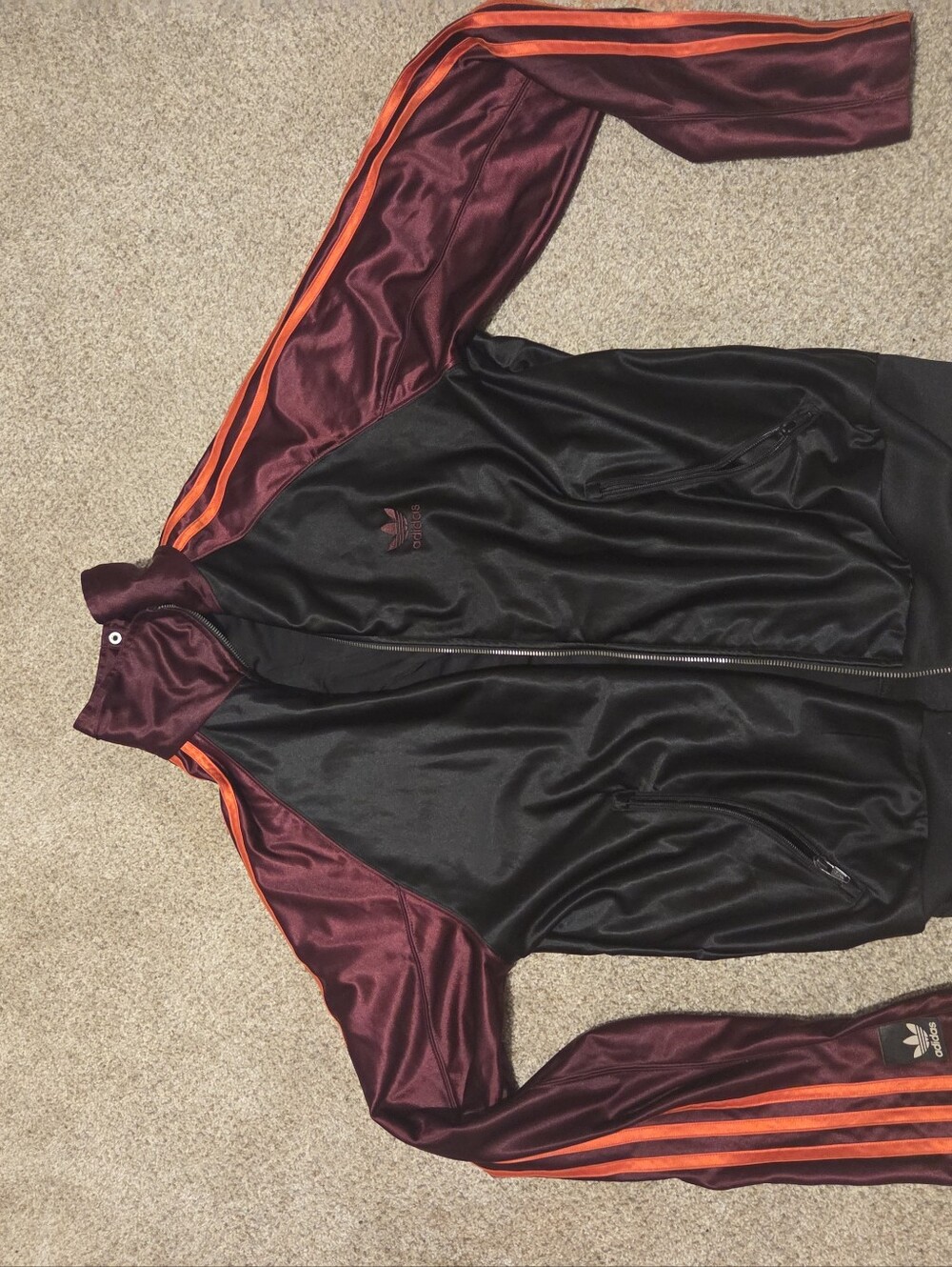 adidas Originals Black and Burgundy Windbreaker with Orange Stripes
